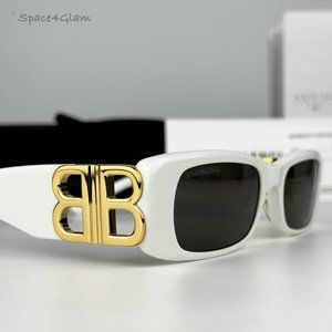 NEW Balenciaga BB0096S 011 White Gold Logo Grey Rectangle Unisex Sunglasses